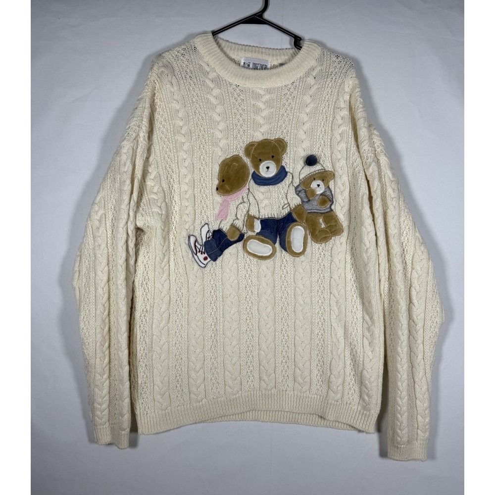 VTG Together! Sweater Womens XL Cream Embroidered Teddy Bear Wool Cable Knit 90s